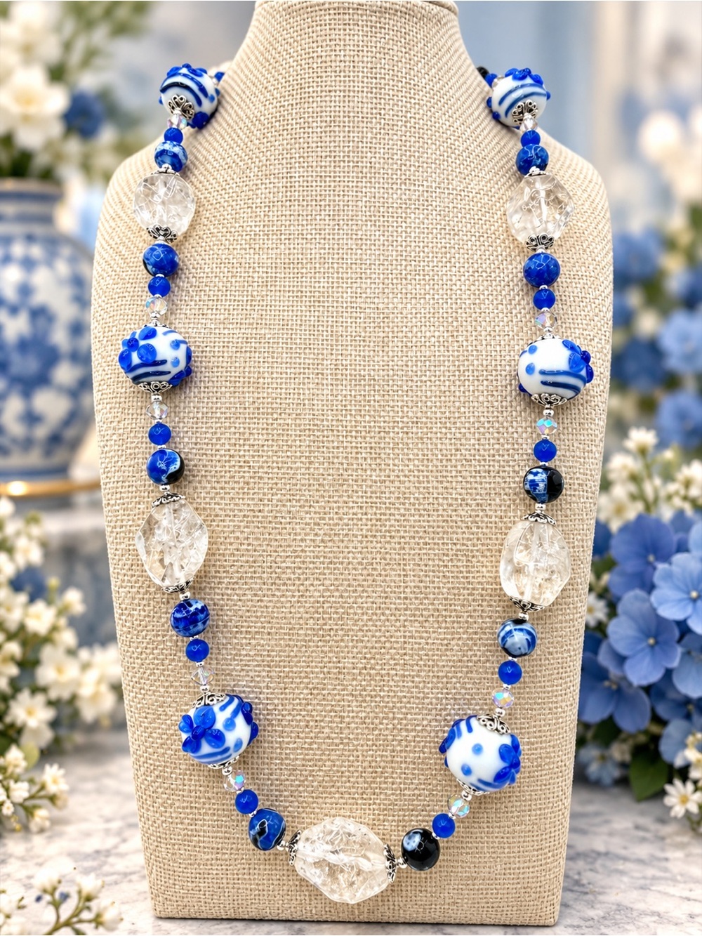 Artisan Blue Floral Lampwork Crystal Quartz Jade Agate Sterling 925 Necklace 24”
